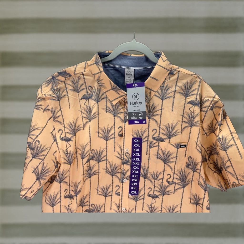 Hurley Hurley Patio Cabana Shirt Men 2XL Orange Flamingos Short Sleeve Button-Up NWT Casual Floral Pat 28in Chest 32in Shoulders to Waist Size US XXL / EU 58 / 5 - 1 Thumbnail