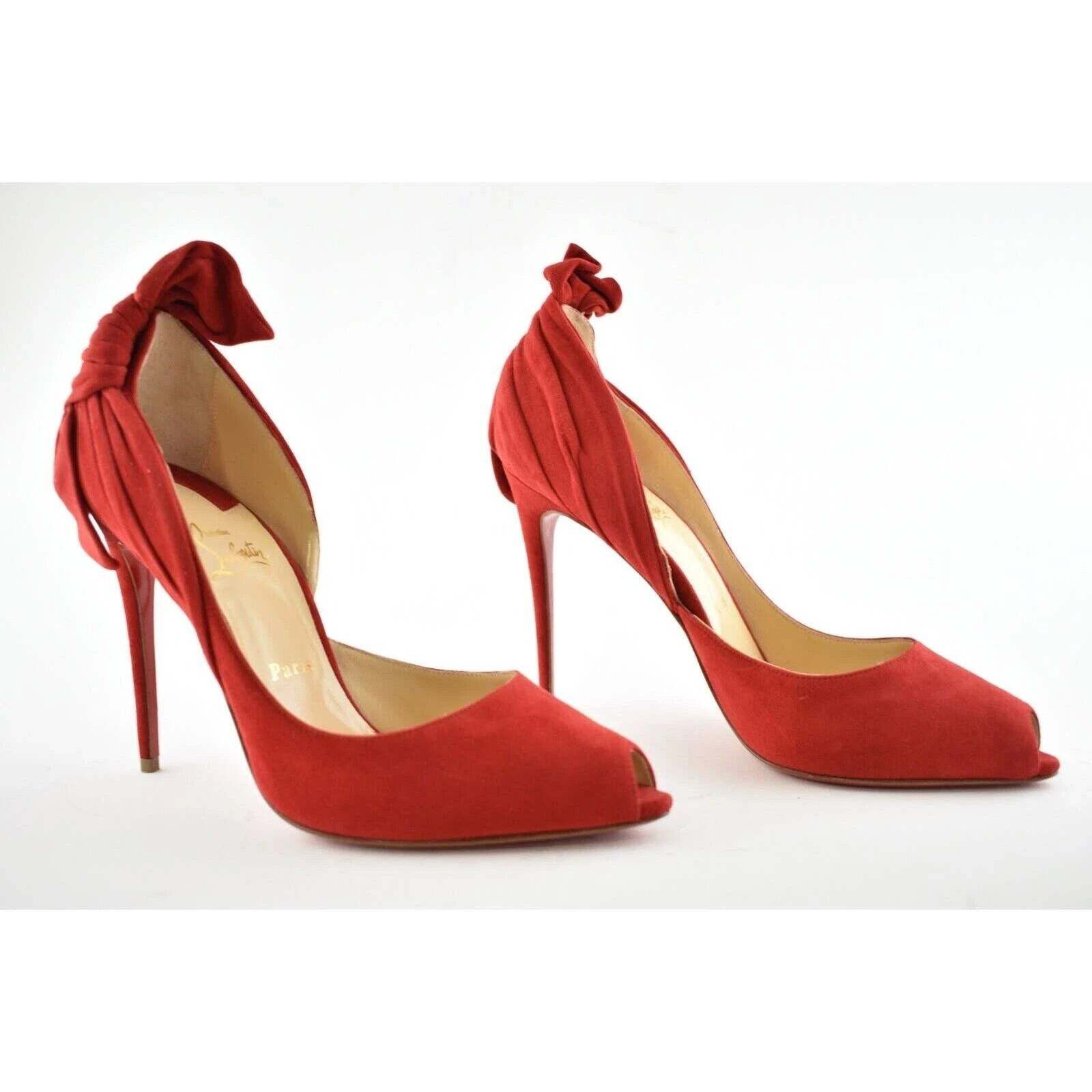 Christian Louboutin Barbara 100 Oeillet Red Suede Peep Toe Bow Heel Pump 39.5 Size US 9.5 / IT 39.5 - 3 Thumbnail