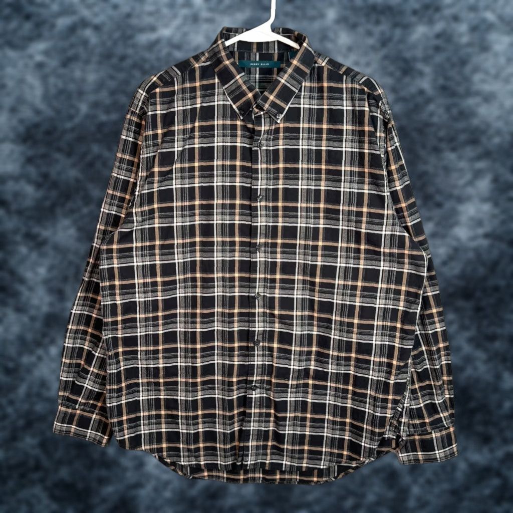 Perry Ellis Perry Ellis Mens XL Plaid Long Sleeve Button-Up Shirt 100% Cotton Black & Tan Size US XL / EU 56 / 4 - 1 Thumbnail