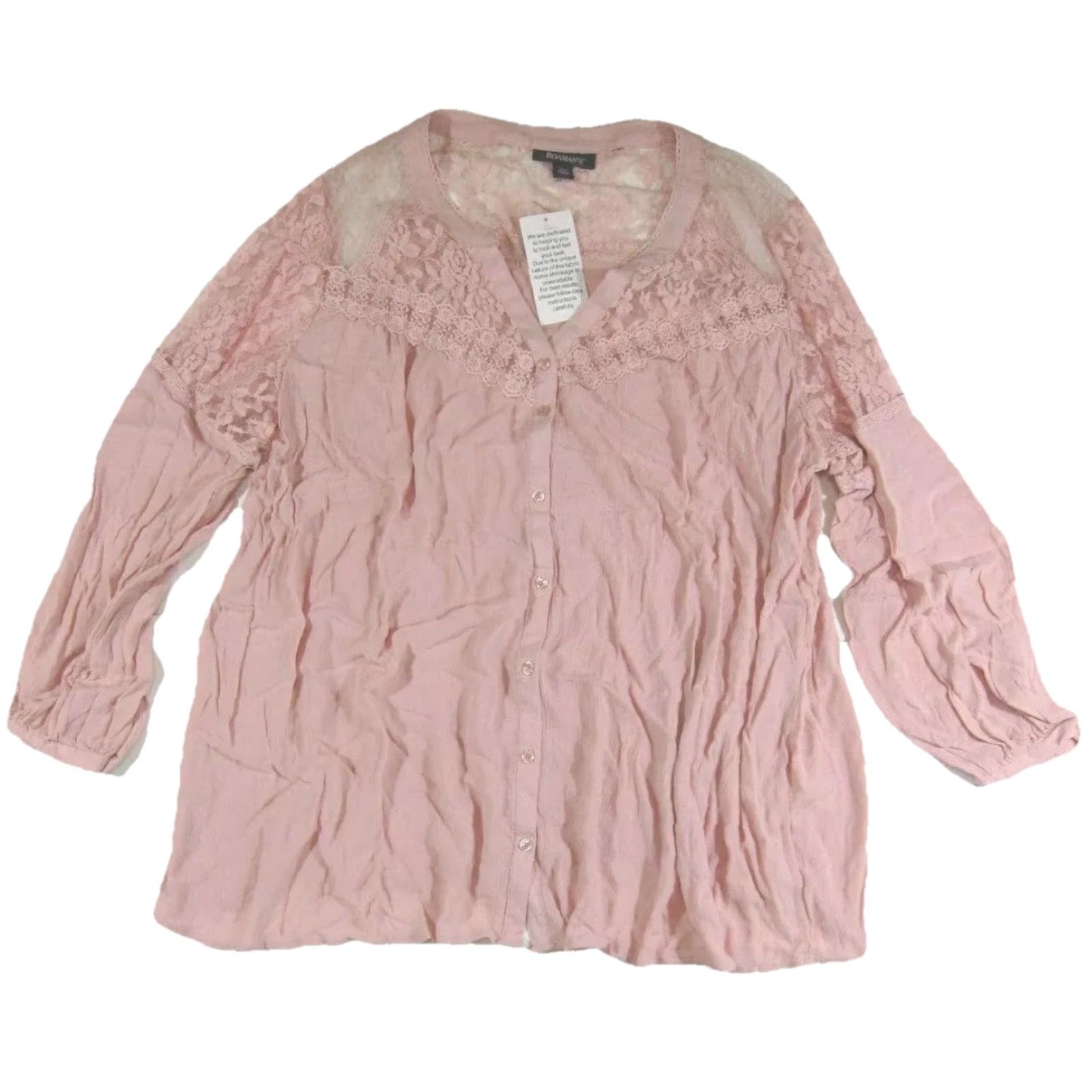 Vintage NWT Roaman's 100% Rayon Pink Embroidered Lace Long Sleeve Blouse Top Women 28W Size 4XL / US 24-26 - 2 Thumbnail