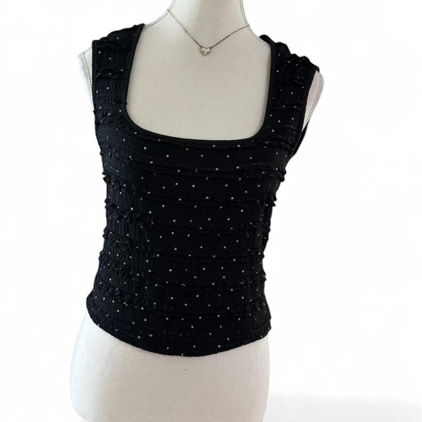 Melrose Black Tiered Ruffled White Polka Square Neck Fitted Out Top Size S / US 4 / IT 40 - 1 Thumbnail