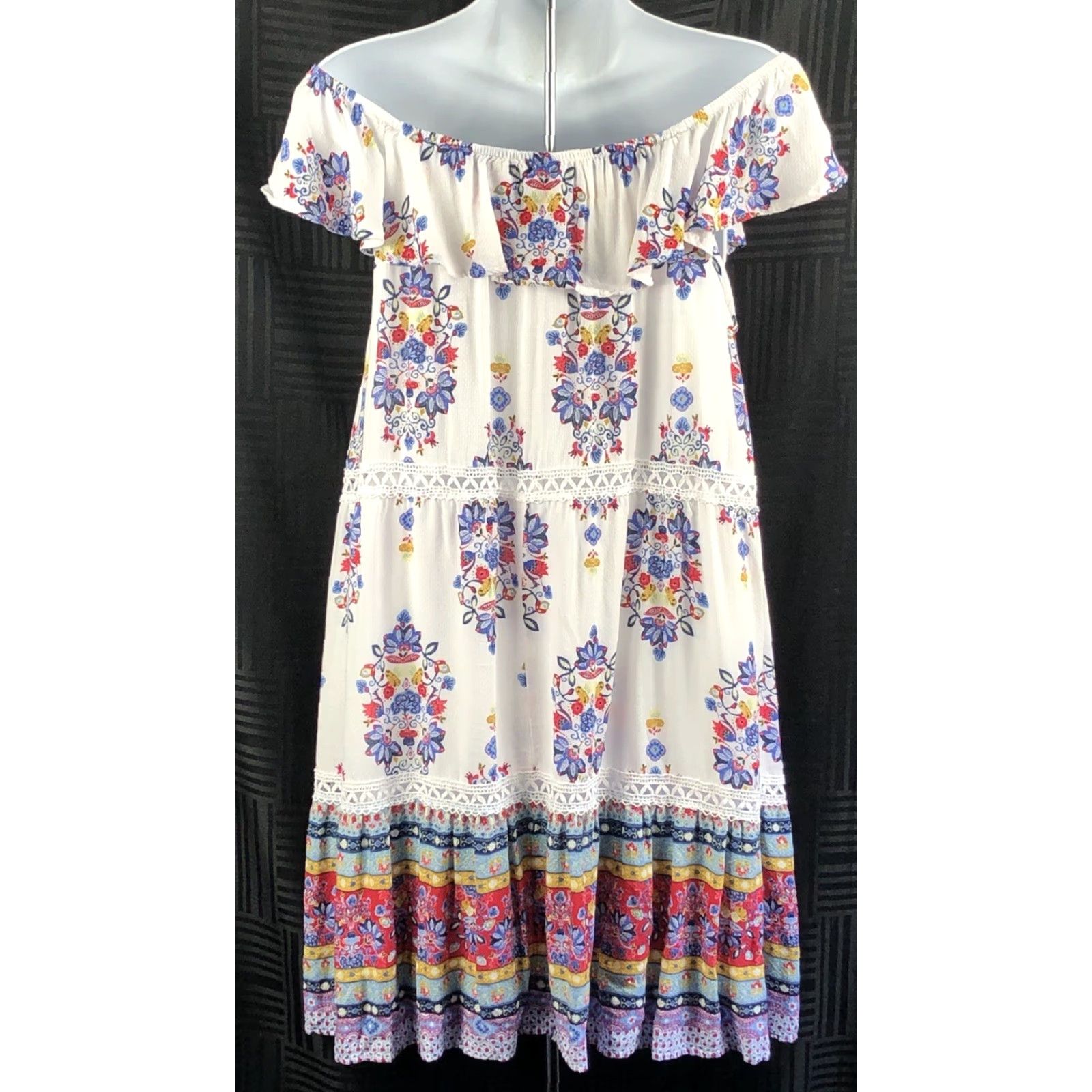 Vintage VINTAGE Eyeshadow Dress M Floral Off Shoulder Mini Boho Prairie Sundress Womens Size M / US 6-8 / IT 42-44 - 4 Thumbnail