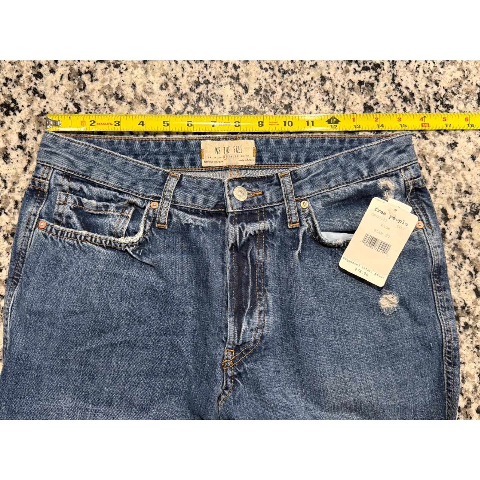 Free People We The Free Slim Boyfriend Distressed Raw Hem Jeans 27 Blue 100% Cotton Womens Regular Jeans 26.5 Inseam Size 27" / US 4 / IT 40 - 6 Thumbnail
