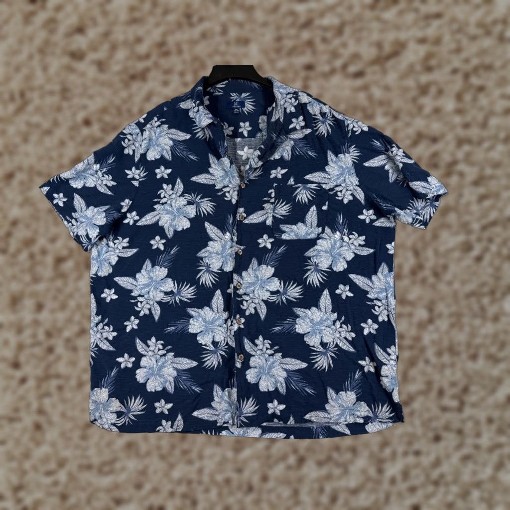 George George Shirt Mens 3XL Floral Hawaiian Button-Up Blue White Cotton Palm Hibiscus Short Sleeve Casual Wear Mens Size US XXL / EU 58 / 5 - 1 Thumbnail