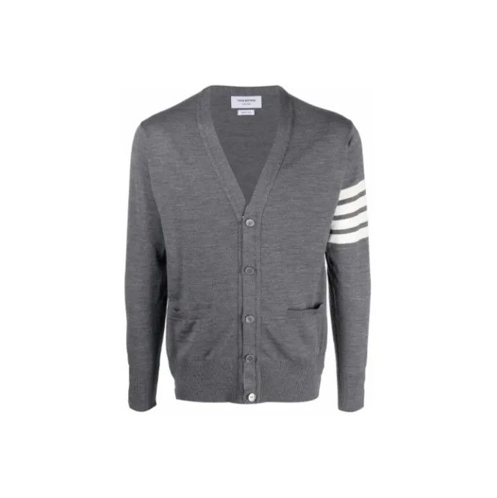 Thom Browne Thom Browne Gray V-Neck Cardigan with Stripes Size US M / EU 48-50 / 2 - 1 Thumbnail