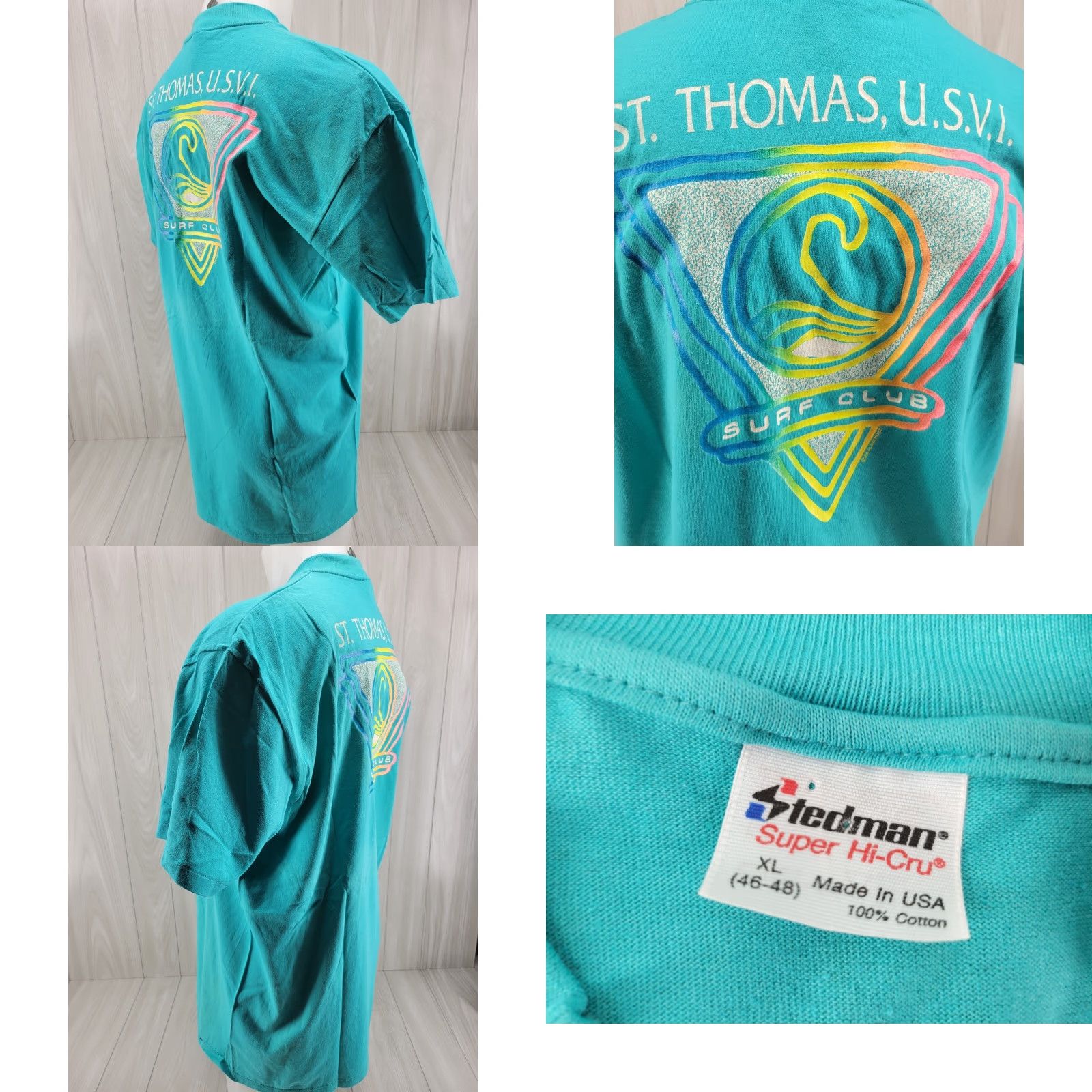 Vintage VINTAGE 1988 St. Thomas Surf Club Shirt XL Green 80s Surfwear Men T-Shirt Single Stitch Mens Size US XL / EU 56 / 4 - 8 Thumbnail