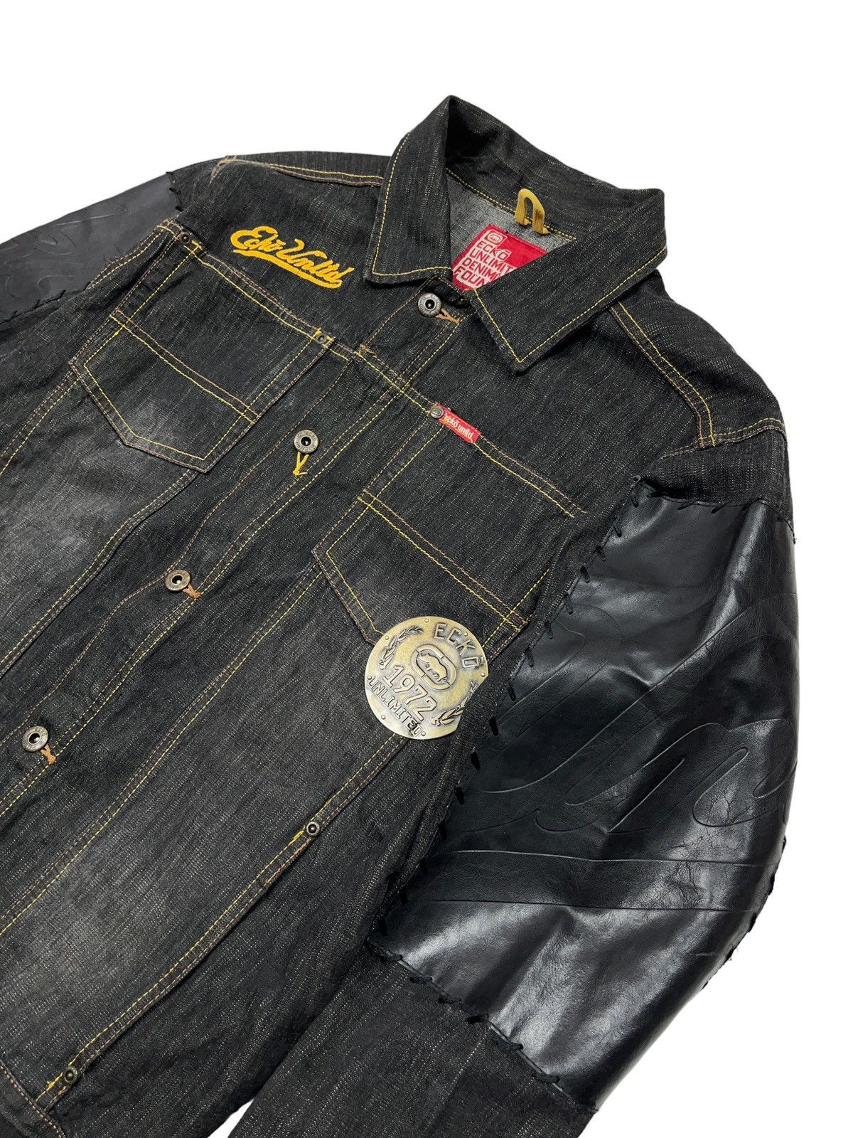 Ecko Unltd. Vintage Ecko Unltd. Denim Jacket Leather Patchwork Rhino Size US S / EU 44-46 / 1 - 5 Thumbnail