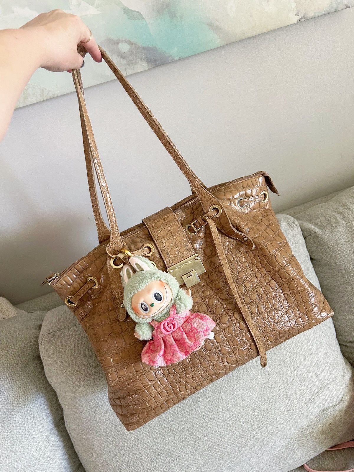 Jimmy Choo Authentic JIMMY CHOO Tan Croc Embossed Leather Rhea Tote Bag Size ONE SIZE - 9 Thumbnail