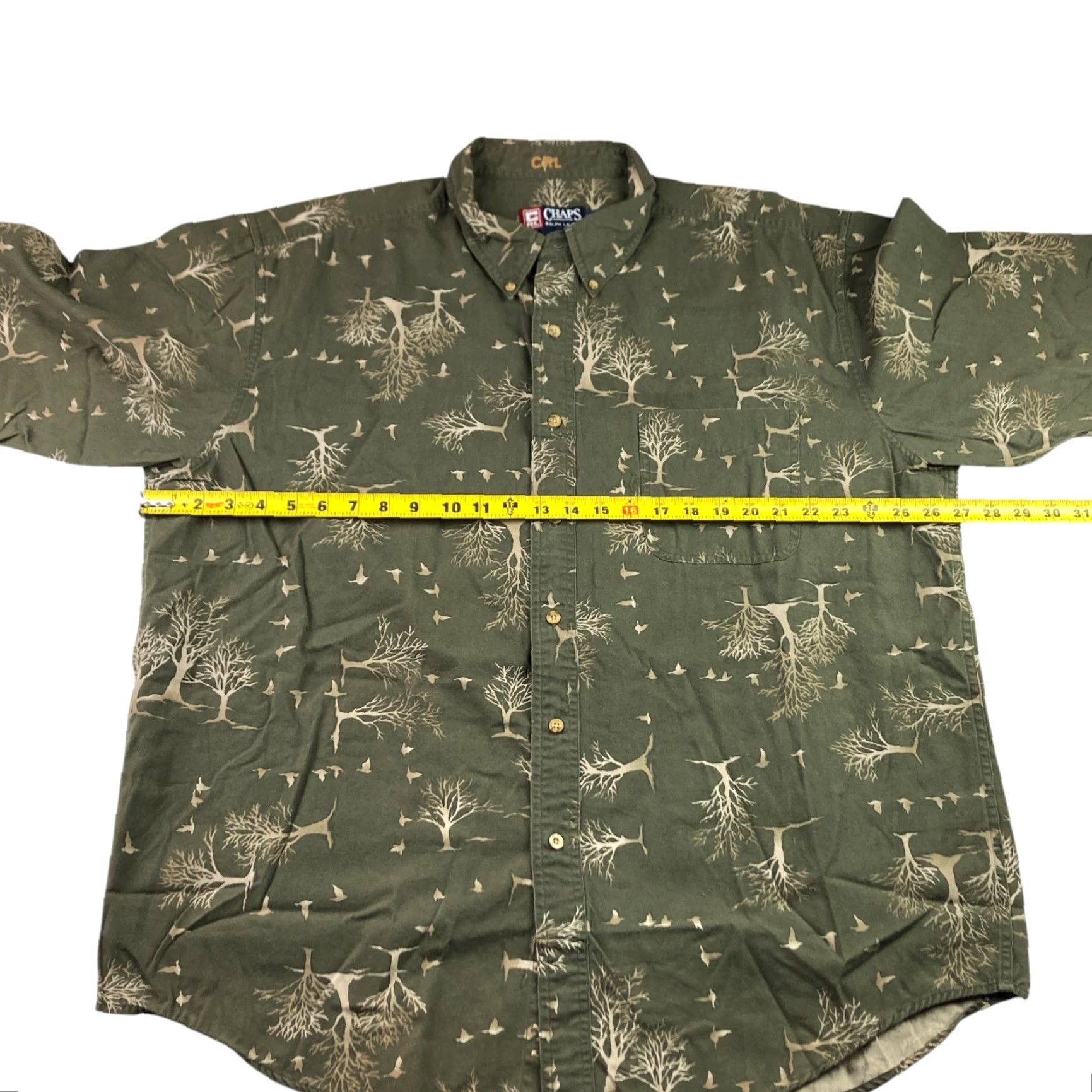 Chaps VINTAGE Chaps Ralph Lauren Button-Up Shirt Men 2XL 100% Cotton Long Sleeve Green Beige Trees Birdes Pattern/Collar Down Mens Size US XXL / EU 58 / 5 - 5 Thumbnail