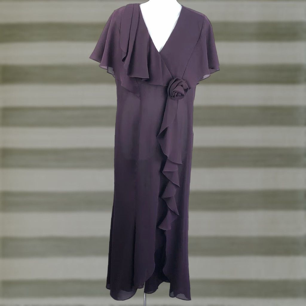Vintage VINTAGE Karin Stevens Maxi Dress Purple Chiffon Ruffles 10 Flutter Sleeve Wedding Formal 90s Womens Size L / US 10 / IT 46 - 1 Thumbnail