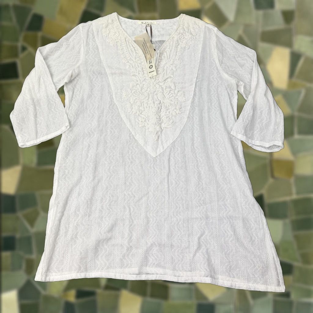 Vintage Solitaire Women’s Tunic Blouse Large White Cotton Embroidered Boho Beach Top 3/4 Sleeve Size L / US 10 / IT 46 - 1 Thumbnail