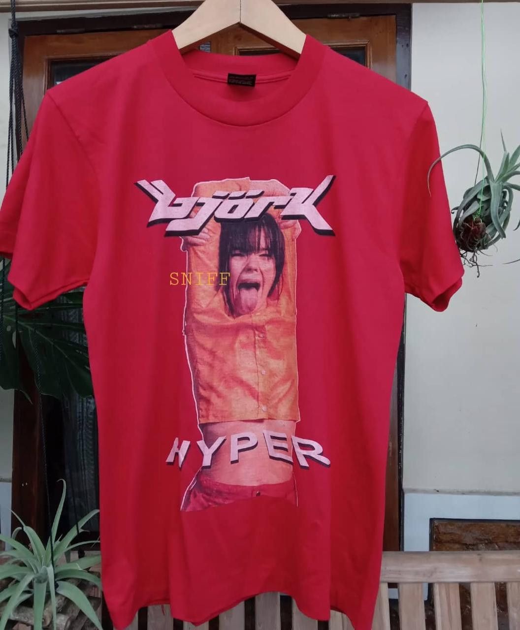 image of Band Tees x Fruit Of The Loom Ultra Vintage 1996 Bjork Hyper in Red, Women's (Size Medium)