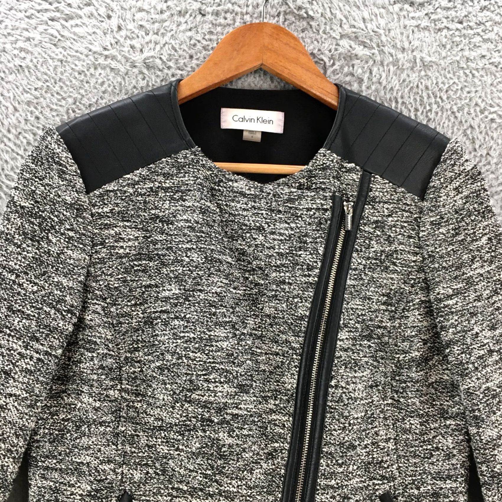 Calvin Klein Calvin Klein Moto Jacket Womens 6 Black White Asymmetric Zip Tweed Faux Leather Jacket Size M / US 6-8 / IT 42-44 - 2 Thumbnail