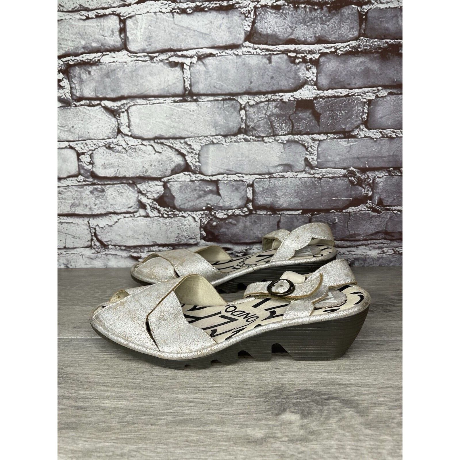 Fly London FLY London Pero Silver Metallic Crackled Peep Toe Wedge Sand Size US 9.5 / IT 39.5 - 21 Thumbnail