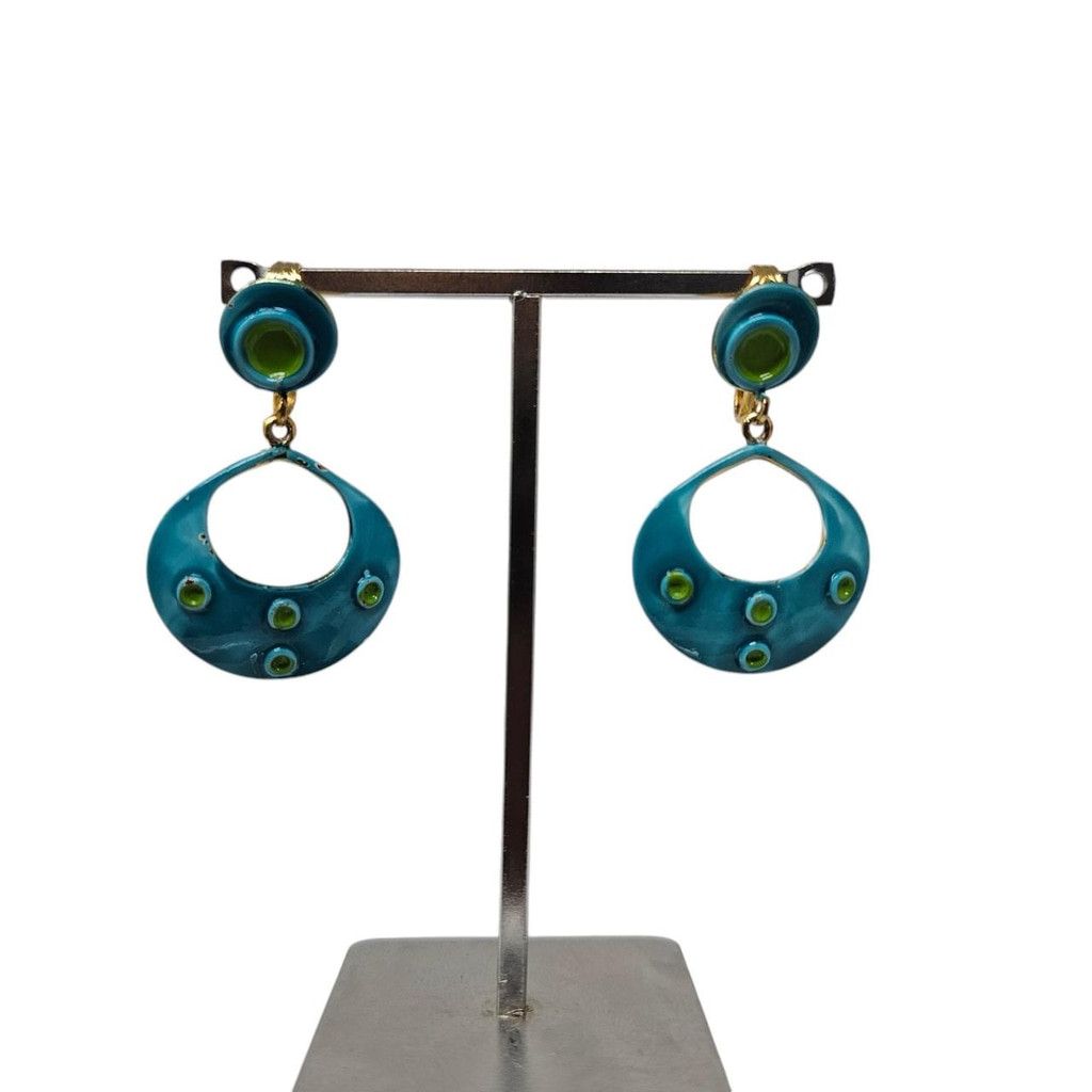 Handmade Vintage mod clip-on earrings with teal donut dangles Size ONE SIZE - 1 Thumbnail