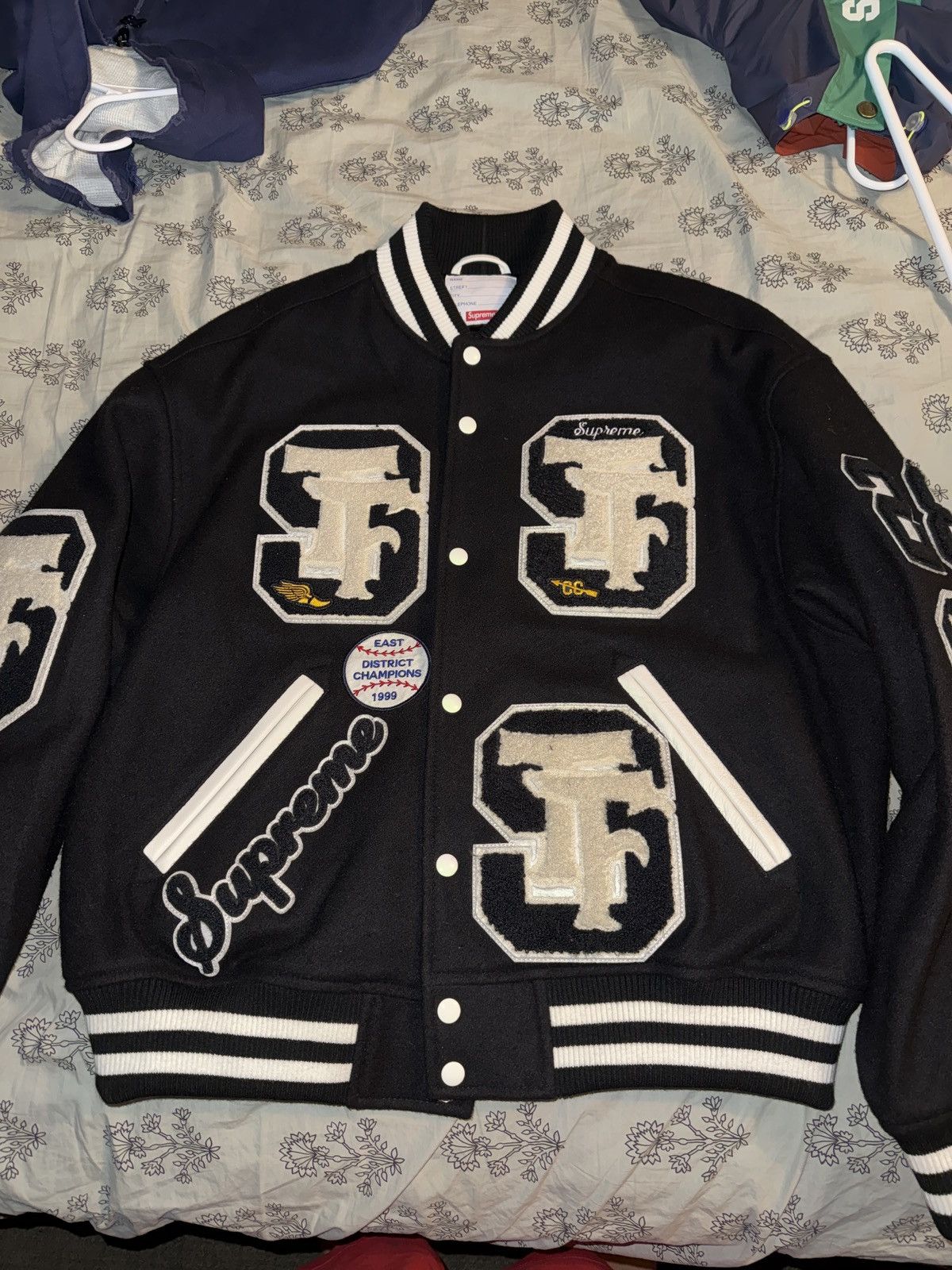 Supreme Supreme team varsity jacket black orange | Grailed
