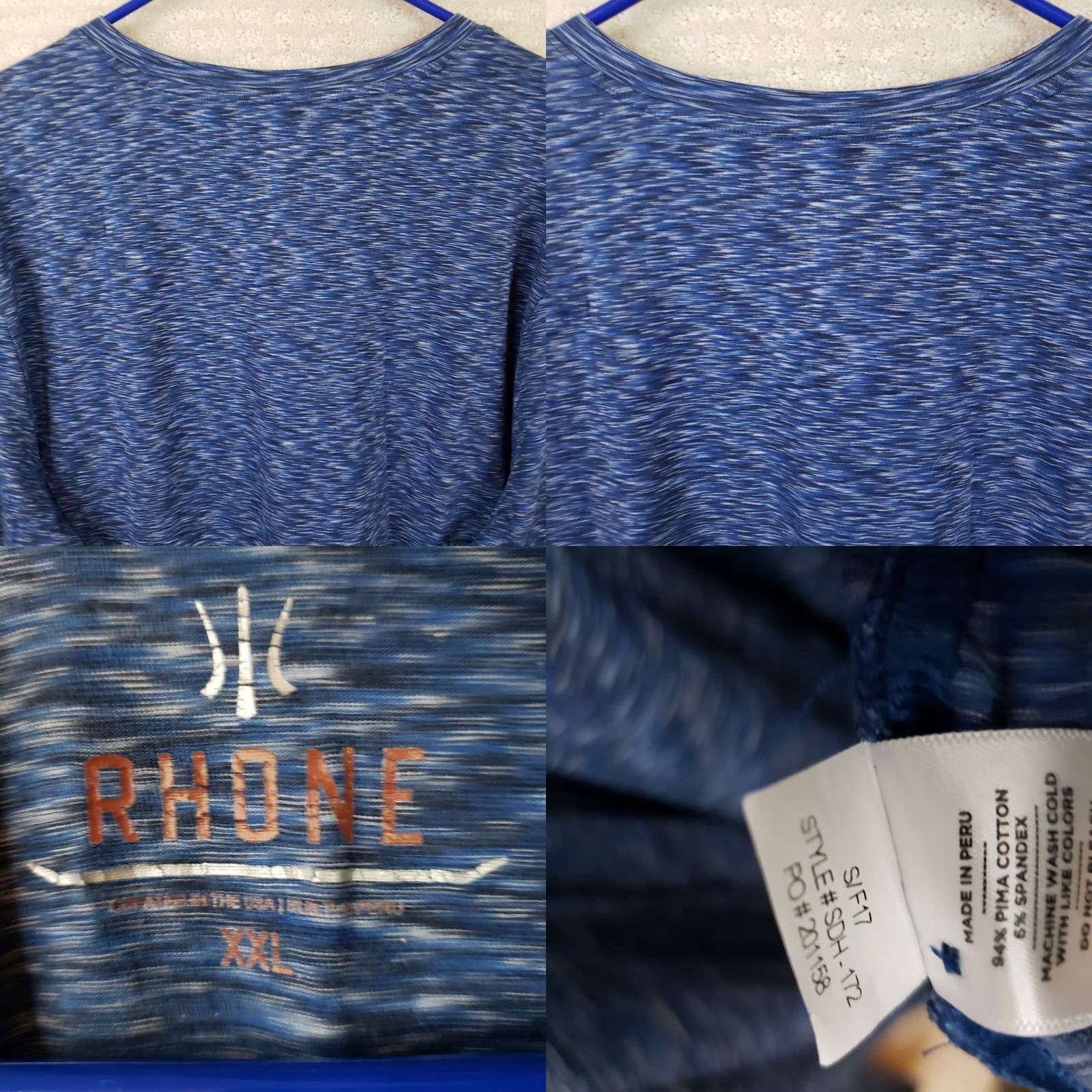 Rhone Rhone Mens XXL Blue Long Sleeve Henley Shirt 94% Pima Cotton 6% Spandex Heathered Size US XXL / EU 58 / 5 - 8 Thumbnail