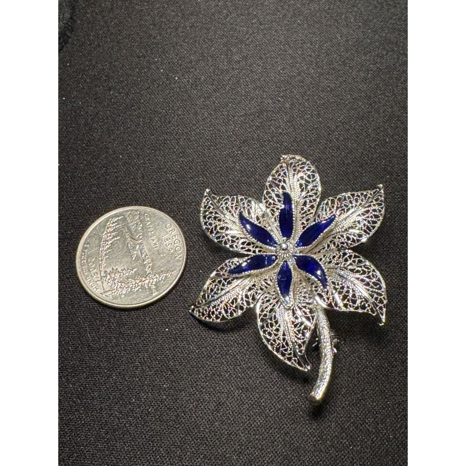 Other Sterling Van Lou Filigree Flower Brooch Blue Enamel Accents Size ONE SIZE - 4 Thumbnail