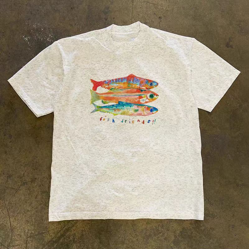 Vintage Grey Washed Vintage T-Shirt with Fish Print Size US M / EU 48-50 / 2 - 1 Thumbnail