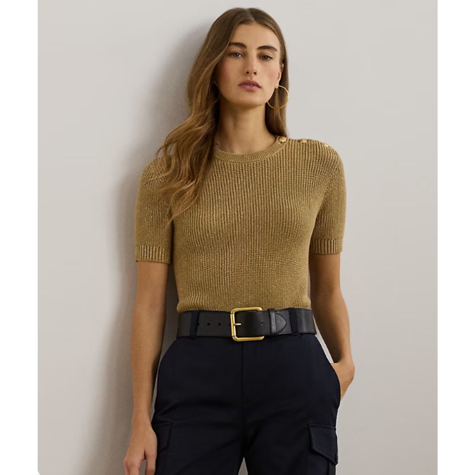 Ralph Lauren LAUREN RALPH LAUREN GOLD METALLIC SHORT SLEEVE SWEATER Size L / US 10 / IT 46 - 3 Thumbnail