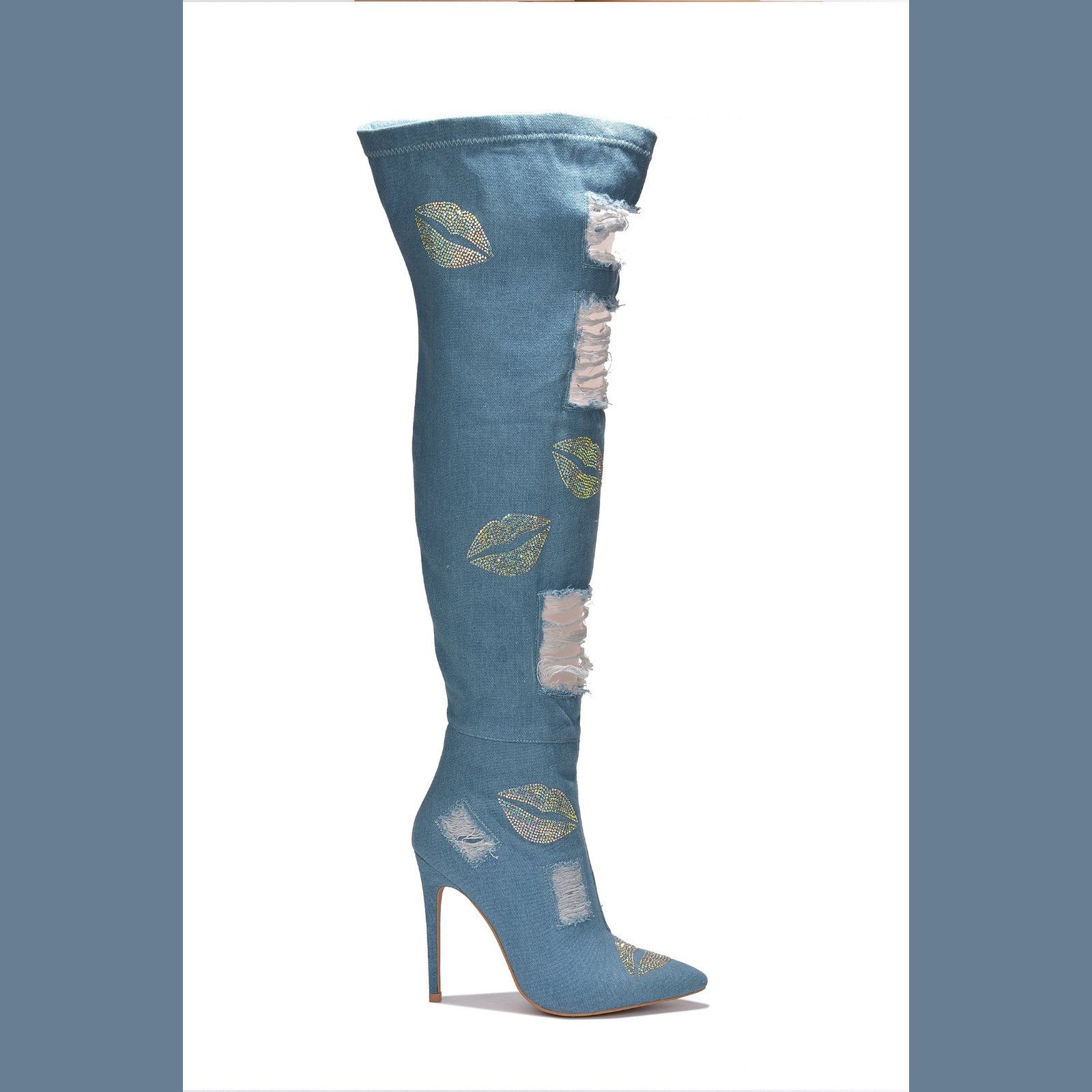 Other Kiss My - Blue Distressed Denim Thigh High Boots With Rhines Size US 7 / IT 37 - 5 Thumbnail