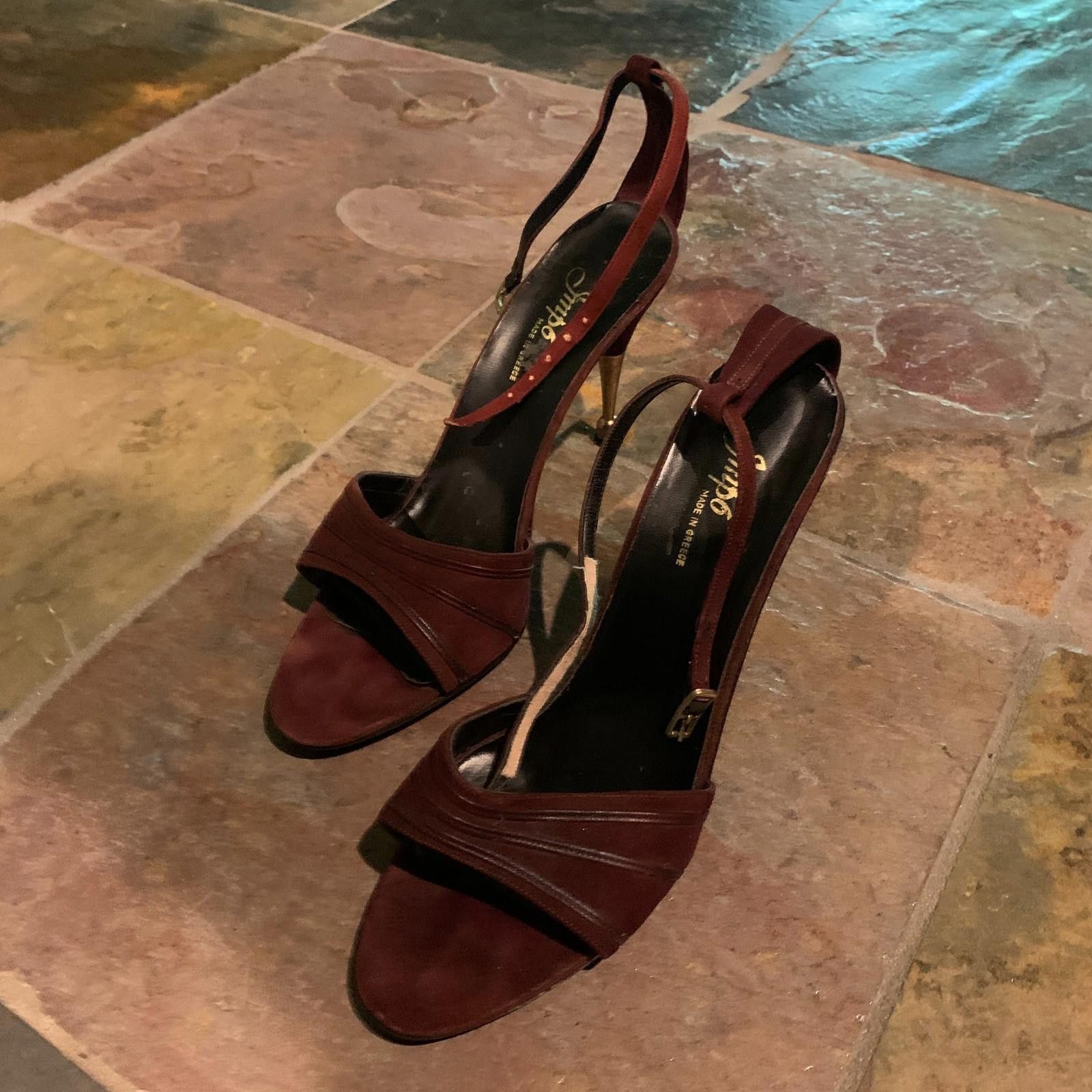Imperial Vintage Impo Maroon Open-Toe Metal Heels W Ankle Strap (S611 Size US 9 / IT 39 - 8 Thumbnail