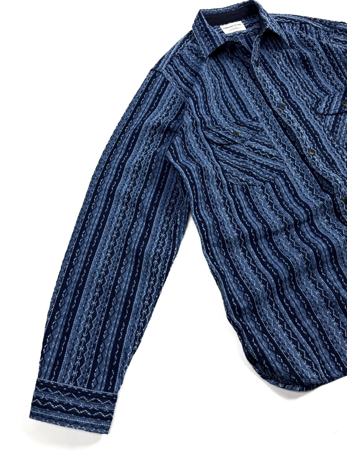 Samurai Jeans Samurai Jeans Japanese Indigo Sashiko Stripe Work Shirt rare Size US XXL / EU 58 / 5 - 10 Thumbnail