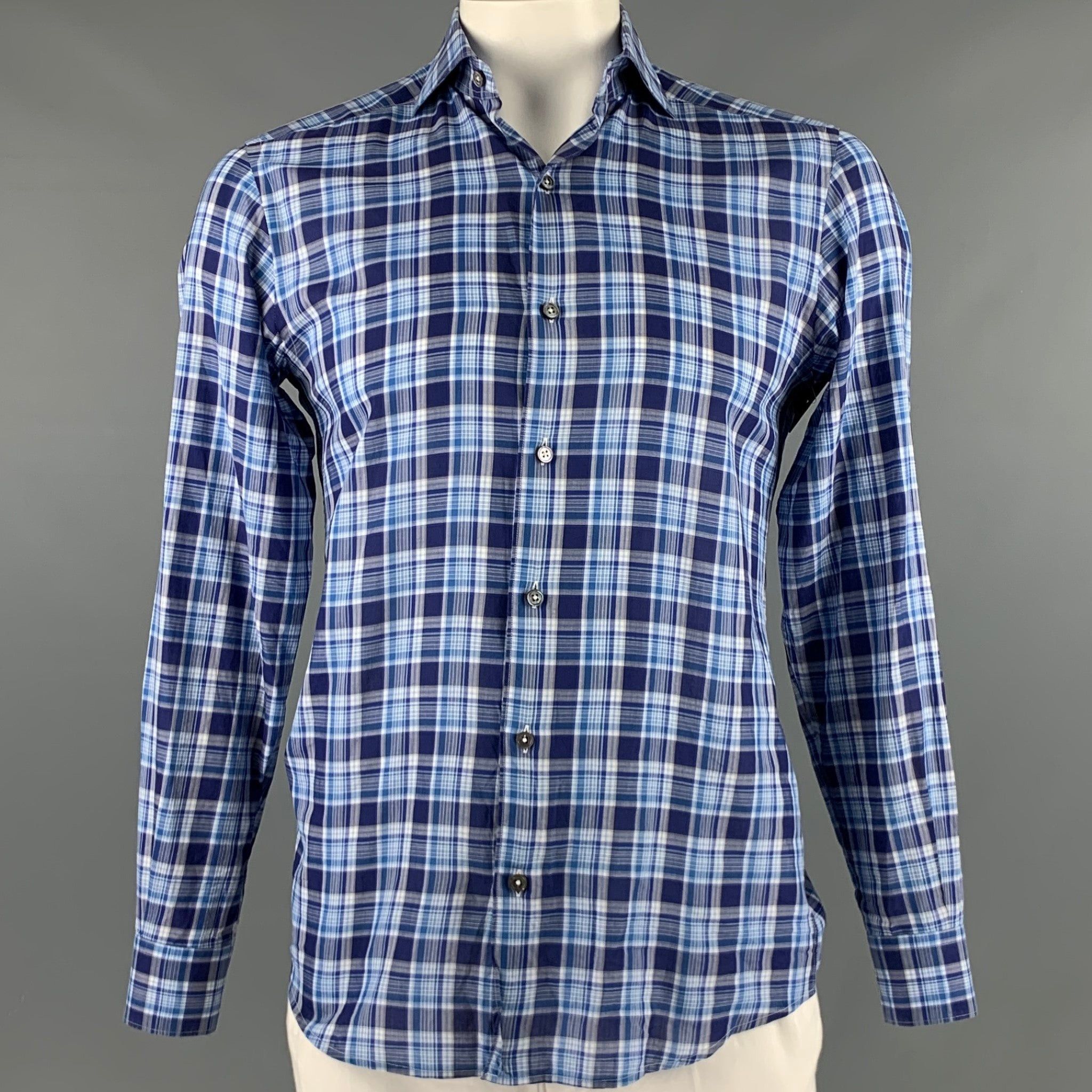 image of Ermenegildo Zegna Blue White Plaid Cotton Long Sleeve Shirt, Men's (Size Medium)