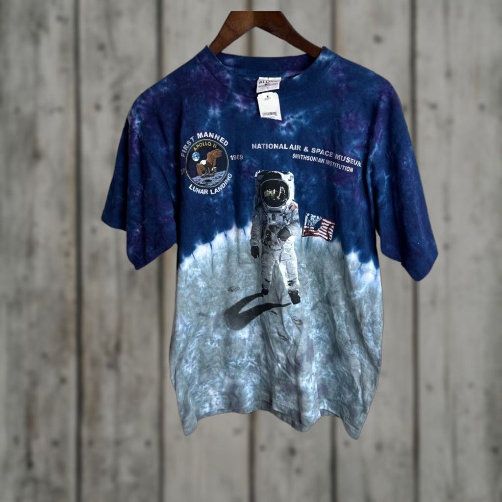 VINTAGE 90s Alore National Air Space Museum Tie Dye Astronaut Single Stitch Short Sleeve T Shirt Adult Large Multicolor Mens