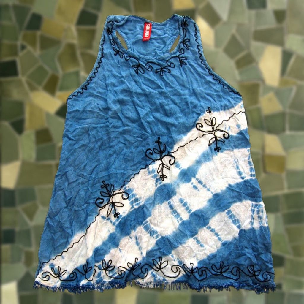 Sunflower VINTAGE Sunflower Tank Dress Sunflower 100% Crinkle Rayon Blue White Tie Dye Embroidered Sun Dress M-L Size M / US 6-8 / IT 42-44 - 1 Thumbnail