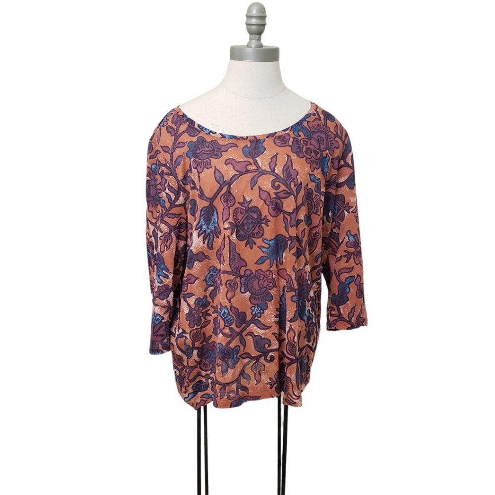 Designer CT426 Peruvian Connection Ladies Rust Floral Blouse L Size L / US 10 / IT 46 - 1 Thumbnail