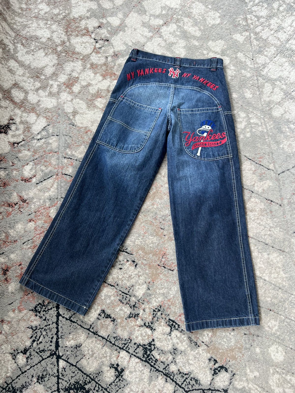 image of New York Yankees Hiphop Denim Vintage Pants in Blue, Men's (Size 30)