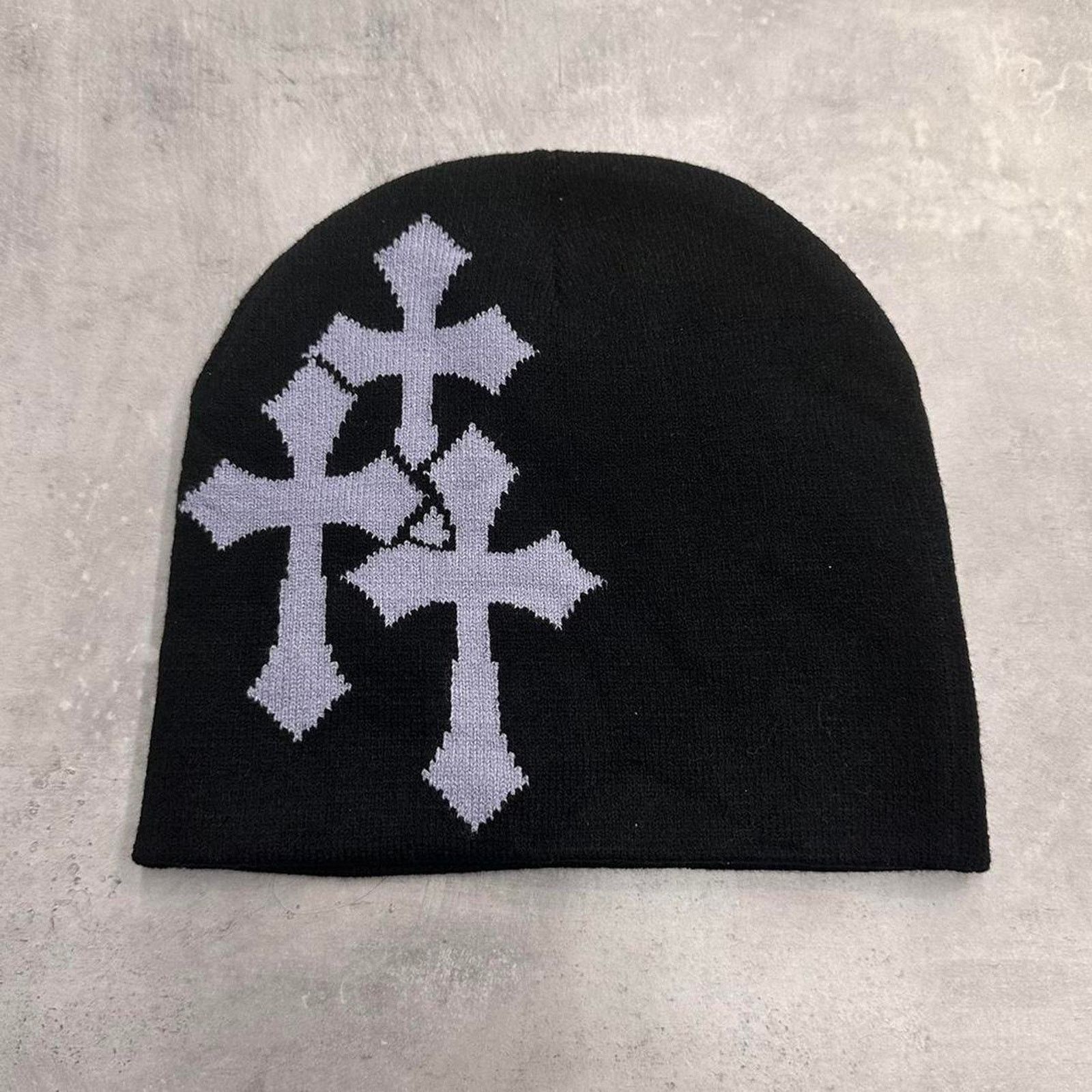 Vintage Black and Grey Crosses Acrylic Graphic Beanie Hat Size ONE SIZE - 1 Thumbnail