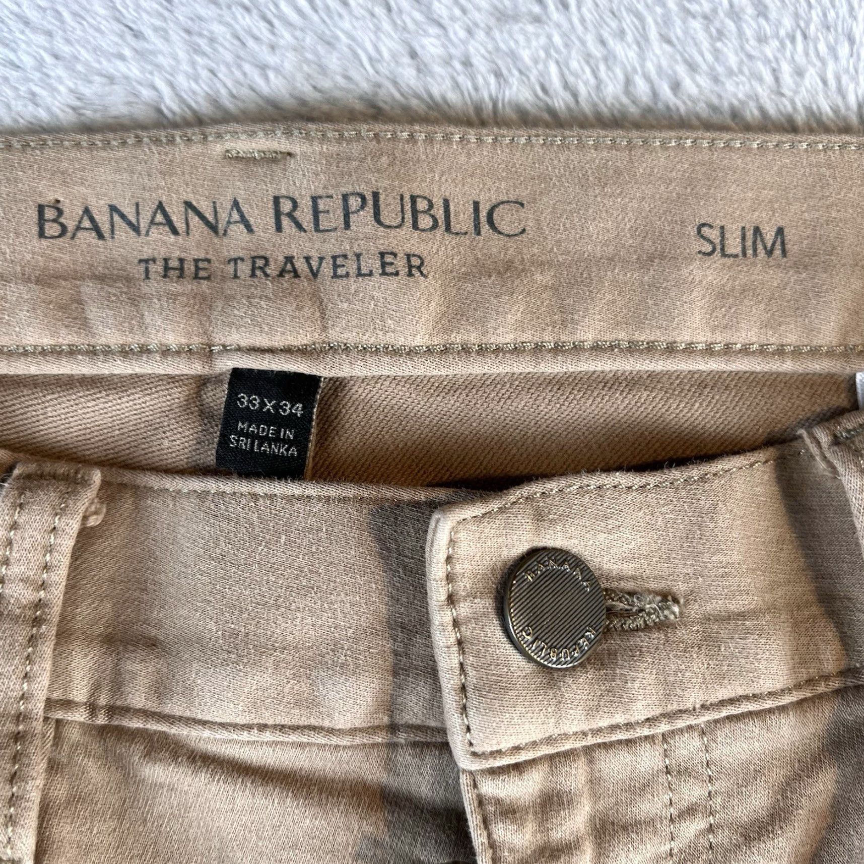Banana Republic Banana Republic Slim Chino Pants Mens 33x34 33x32 Beige Cotton Spandex 5-Pocket Flat Front Straight Leg Preppy Travel Workwear Casual Size US 33 - 6 Thumbnail