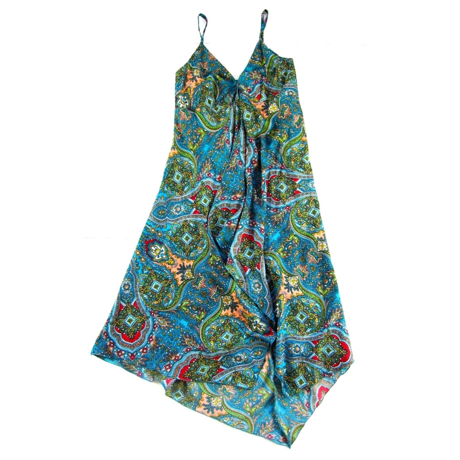 Vintage Coline Blue Red Floral Asymmetrical V-Neck Spaghetti Strap Slip Tank Dress Large Size L / US 10 / IT 46 - 2 Thumbnail