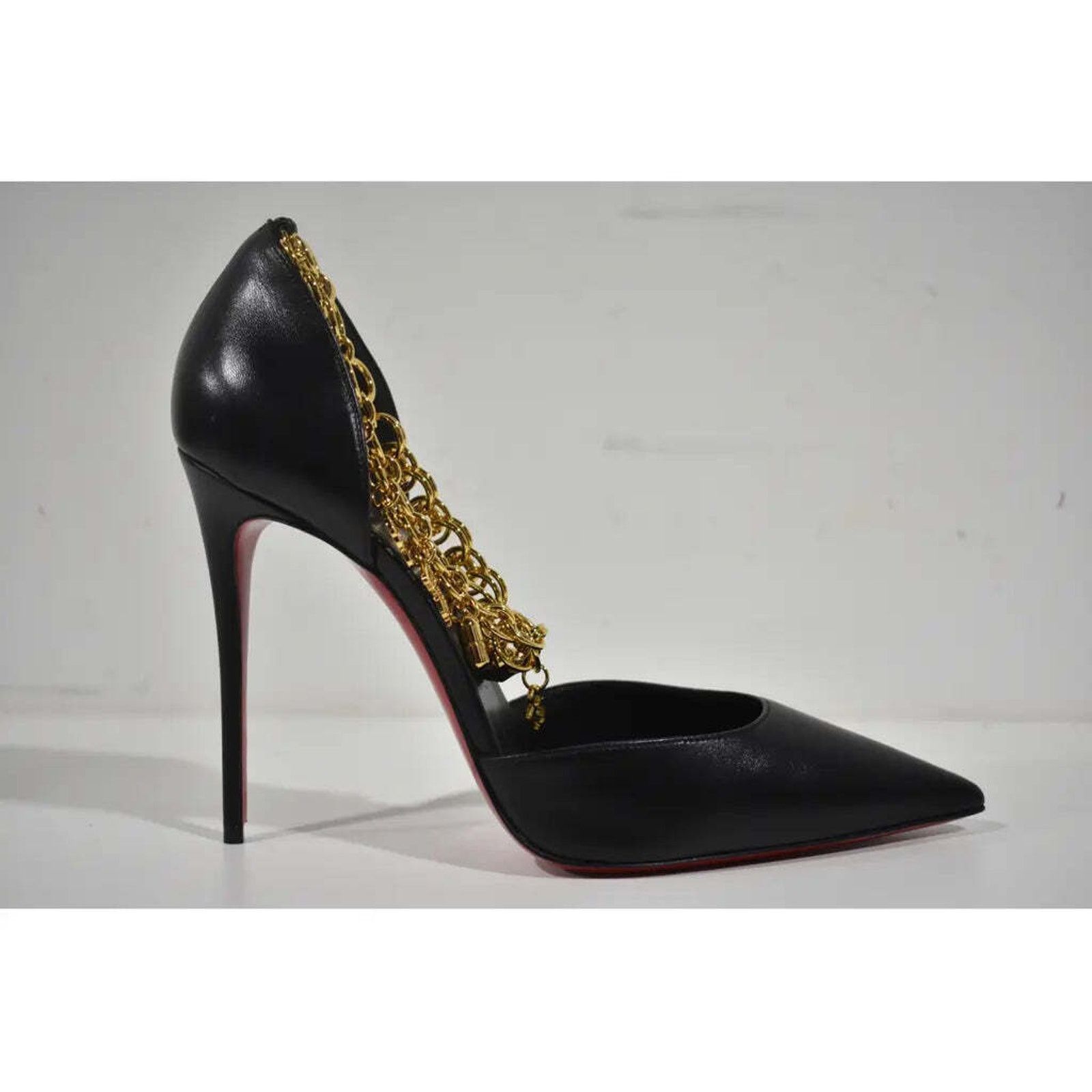 Christian Louboutin Gourmi Pump 100 Black Gold Charm Ankle Strap Pointed Heel 42 Size US 12 / IT 42 - 2 Thumbnail