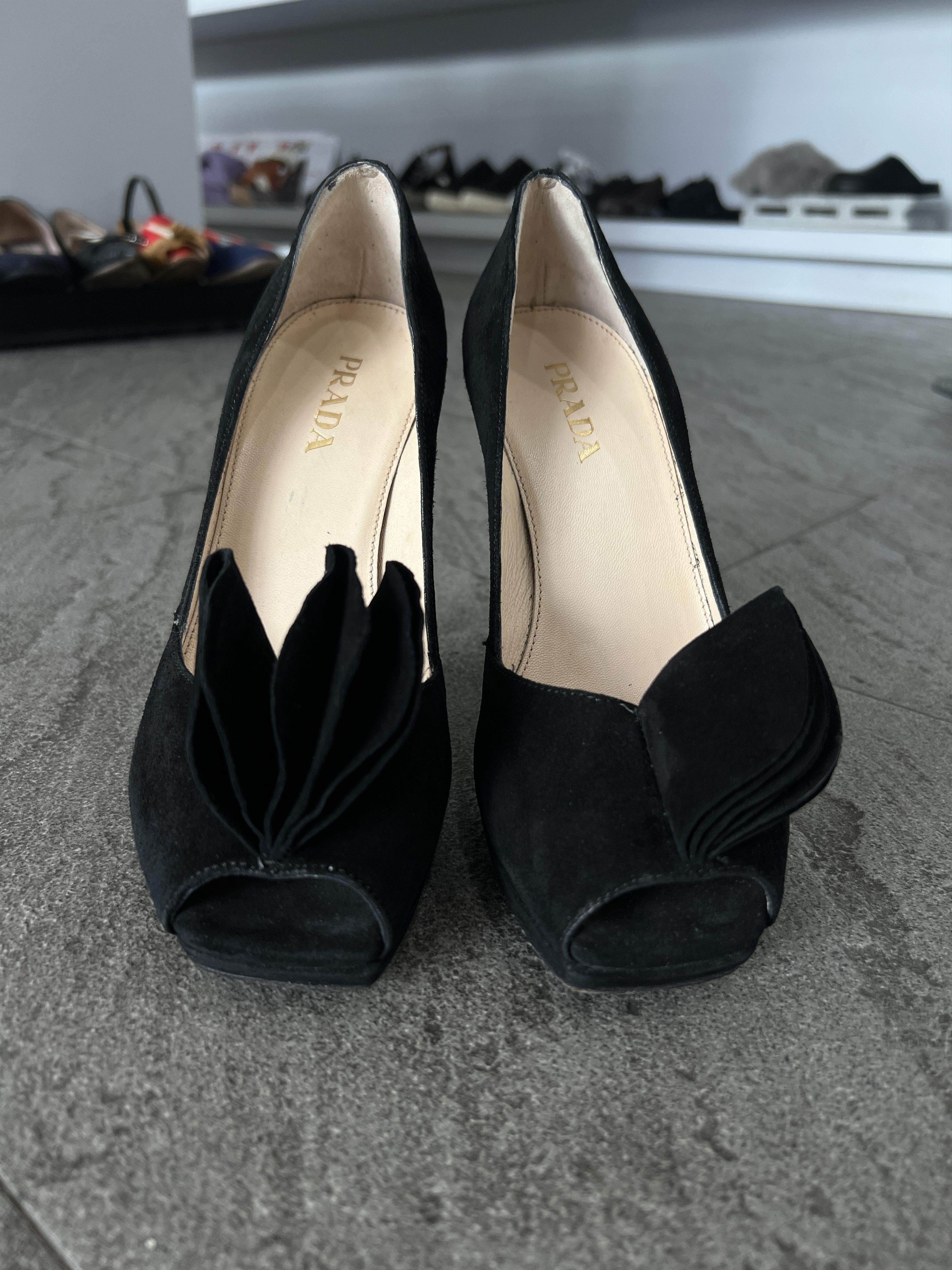 Prada Prada Suede Platform Peep Toe Heels Black 37.5 Size US 7.5 / IT 37.5 - 2 Thumbnail