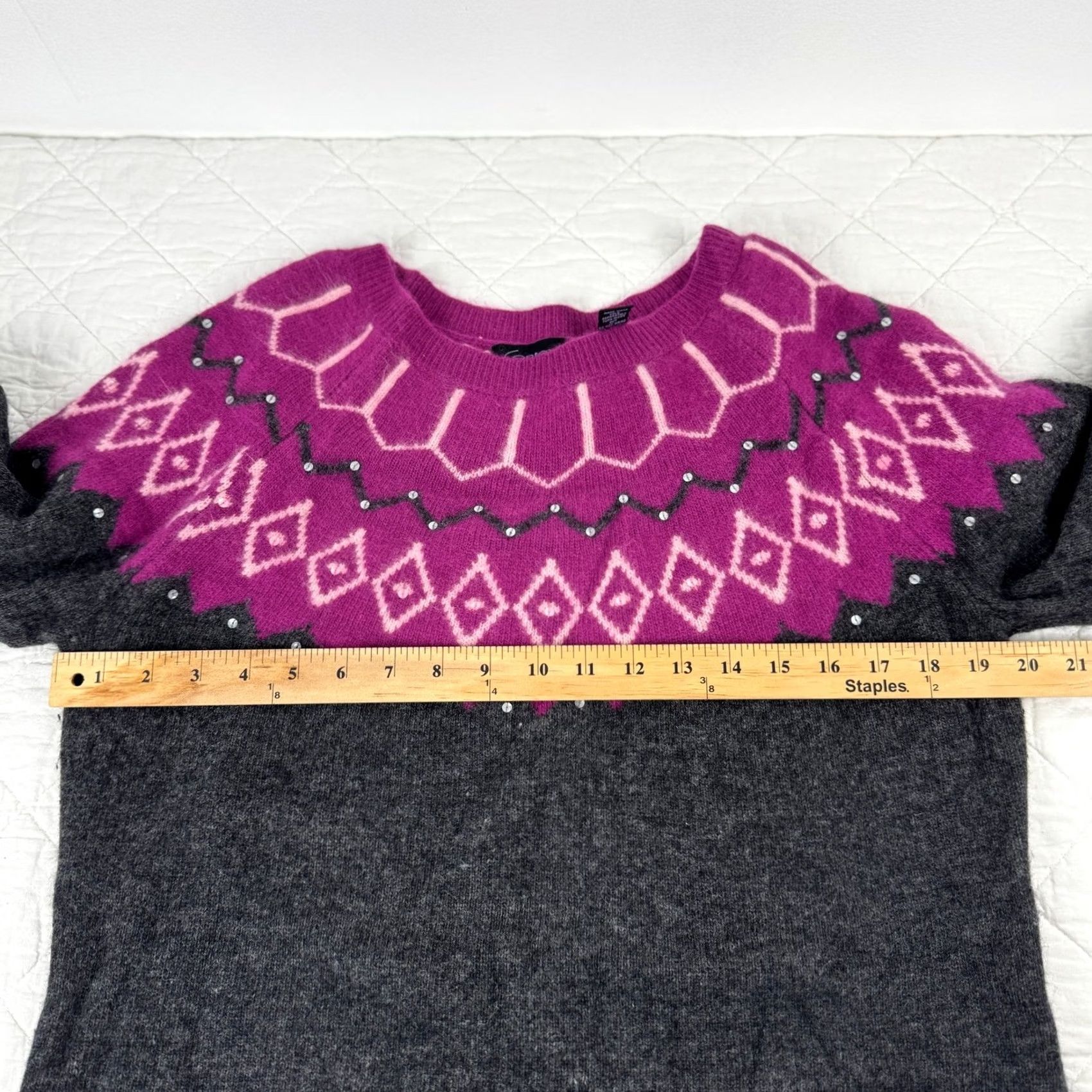 Vintage CONTEXT Sweater Womens XL Gray VTG Wool Angora Blend Fair Isle Sequin Magenta Charcoal Size XL / US 12-14 / IT 48-50 - 5 Thumbnail