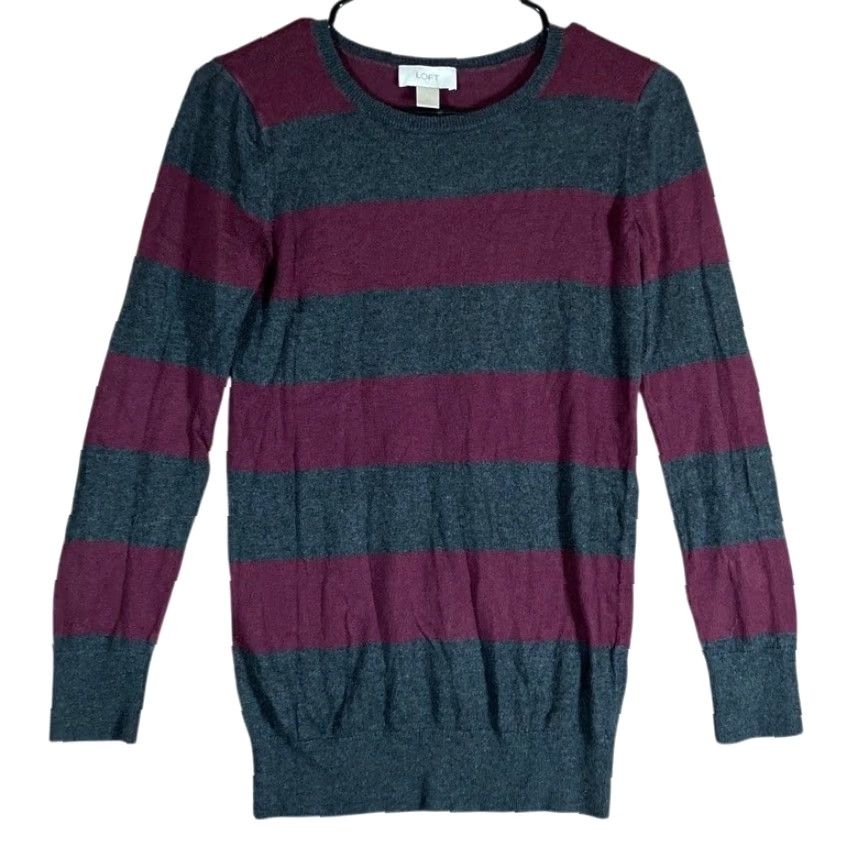 Ann Taylor Ann Taylor LOFT Sweater XS Burgundy Gray Striped Crew Neck Long Sleeve Womens Size XS / US 0-2 / IT 36-38 - 2 Thumbnail