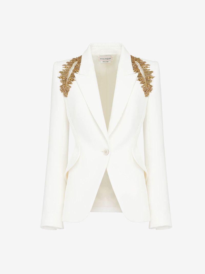 Alexander McQueen o1srvl11e0326 Peak Shoulder Leaf Crepe Jacket in Ivory Size M / US 6-8 / IT 42-44 - 1 Thumbnail