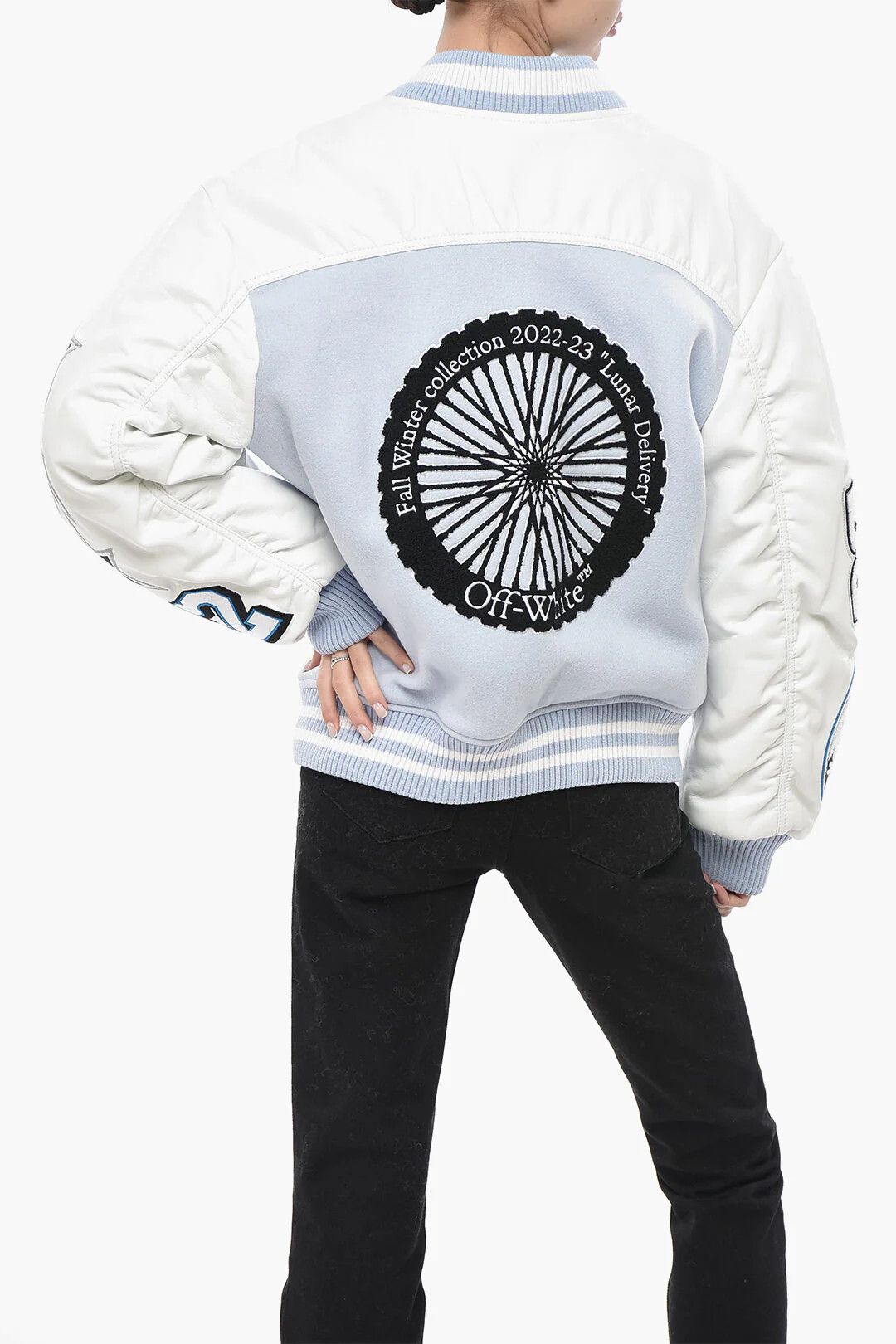 Off-White og1mm0426 Leather Sleeves Wool-Cloth Bomber Jacket Blue Size M / US 6-8 / IT 42-44 - 1 Thumbnail