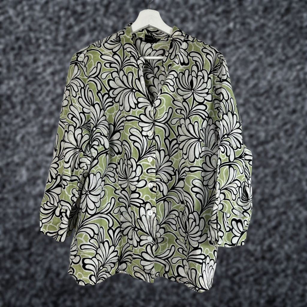 Vintage Carole Little Woman Linen Floral Print Button Down Shirt Top 1X Green Black - Casual Shirt Women, 3/4 Sleeve, Lightweight, Bohemian, Vintage No Size XL / US 12-14 / IT 48-50 - 1 Thumbnail