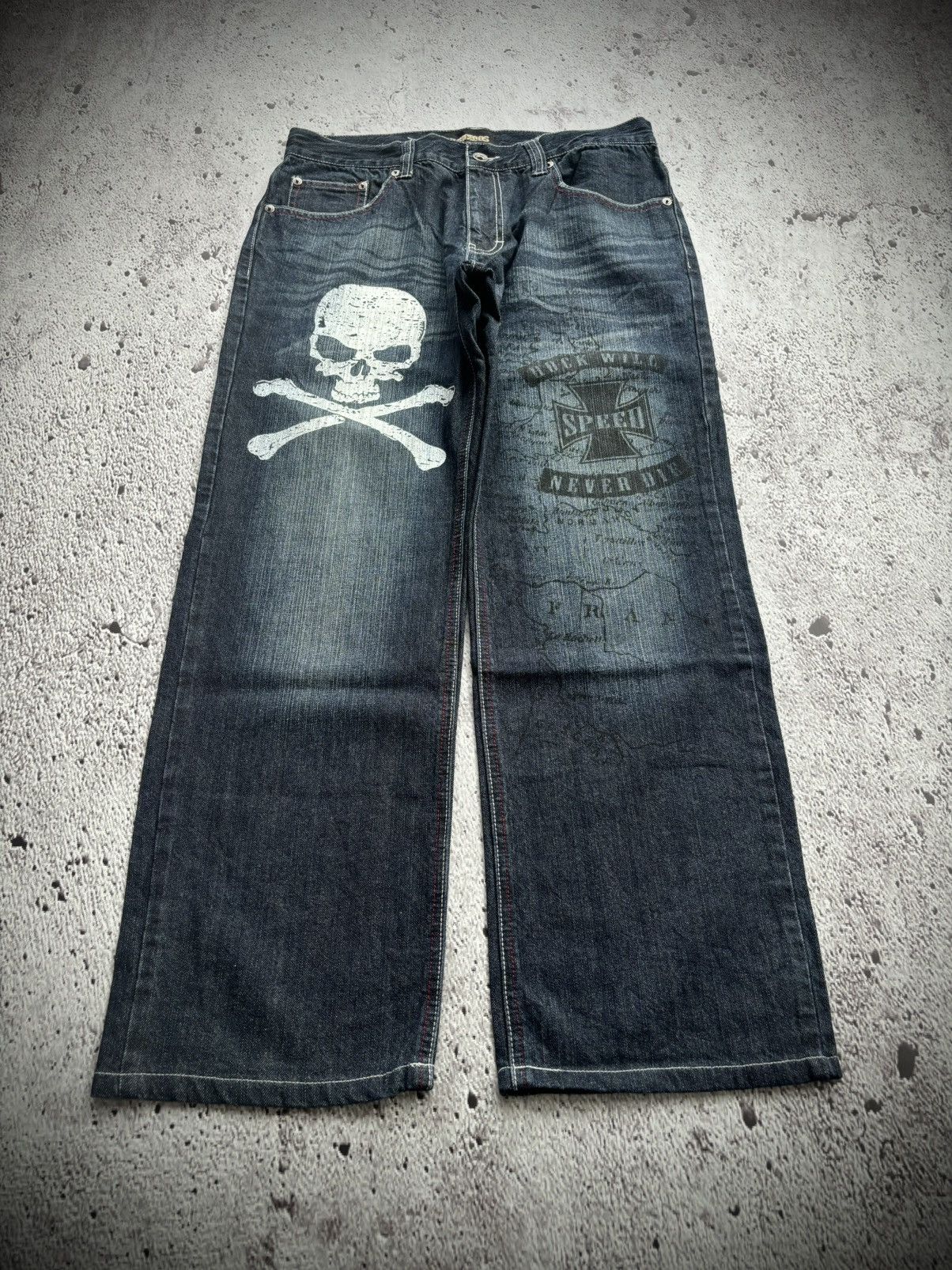2000's Barcedos skull rock will speed never die bootcut
