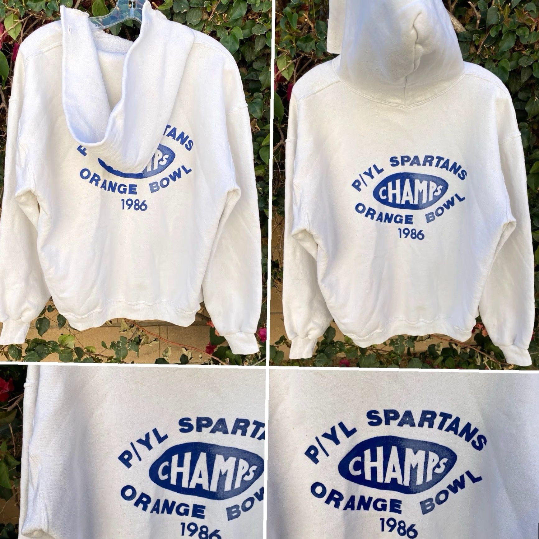 Russell Athletic VINTAGE Russell Athletic Hoodie Mens XL White Graphic Print Spartans Champs Orange Bowl 1986 80s Pullover Long Sleeve Sweatshirt Ed Worn Size US XL / EU 56 / 4 - 5 Thumbnail