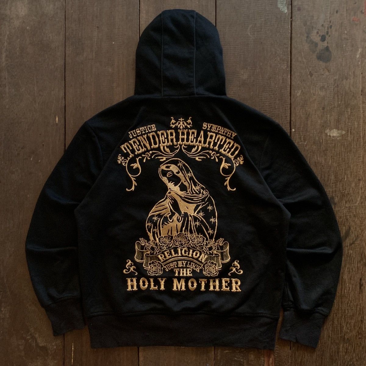 image of If Six Was Nine x Religion Y2K C.d.s Black Sense Holy Mother Embroidered Zip Hoodie, Men's (Size XL