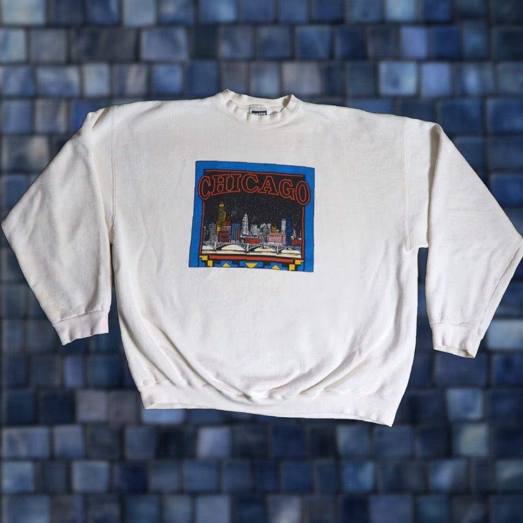 Tultex VINTAGE Tultex CHICAGO Skyline City Art Cream Ivory Pullover Sweatshirt XL Size US XL / EU 56 / 4 - 1 Thumbnail