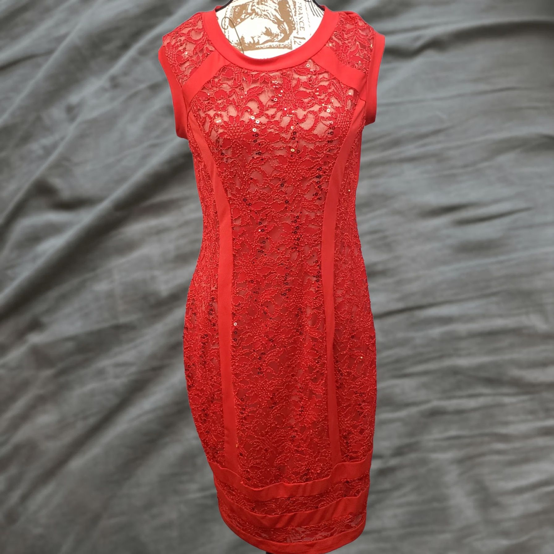 Vintage Conhalite Bodycon Dress Womens S Sleeveless Red Lace Sequin Cocktail Party Sleeveless Size S / US 4 / IT 40 - 1 Thumbnail