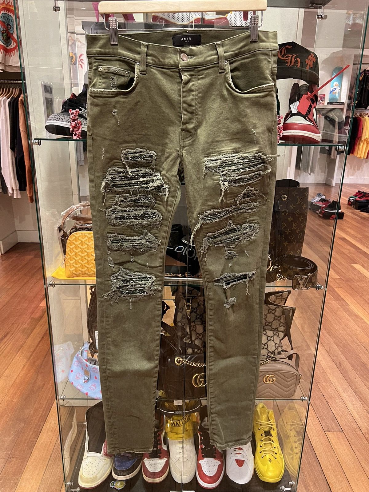image of Amiri Mx1 Bandana Olive Khaki Denim Jeans, Men's (Size 33)