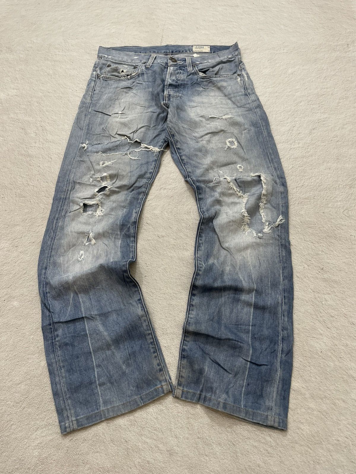Japanese Brand 2000s G-Straw Blue Denim Ripped Washed Jeans Y2K Size US 31 - 1 Thumbnail