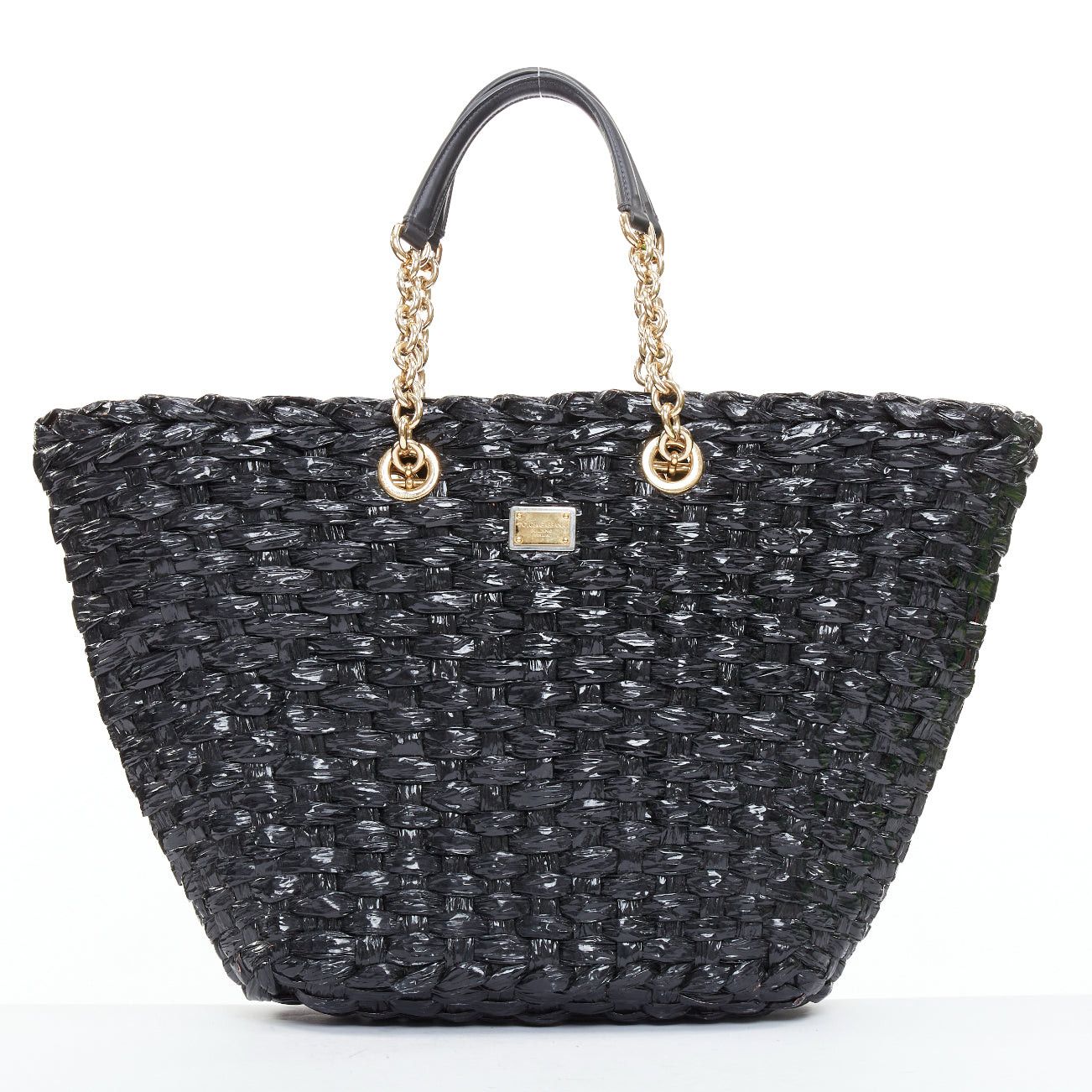 Dolce Gabbana Vernice Vitello Black Lacquered Raffia Woven Coffa Large Tote Bag, Women's